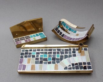 Mid-Century Brass and Mosaic Tile Desk Accessories Set (c. 1960s)