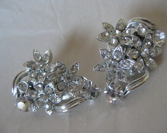 Flower Clear Silver Rhinestone Earrings Clip Vintage