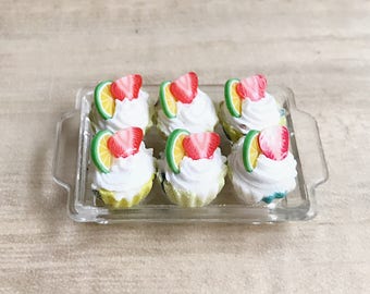 Miniature Strawberry and Lime Cupcakes in tray,Miniature Cake,Miniature Bakery,Miniature Food,Miniature Sweet,Dollhouse Strawberry