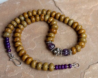 Brown & Purple Chunky Bead Necklace/Wood Jasper Carved Amethyst Ornate Sterling Silver Beads . Rustic Boho Tribal Southwest Style Jewelry