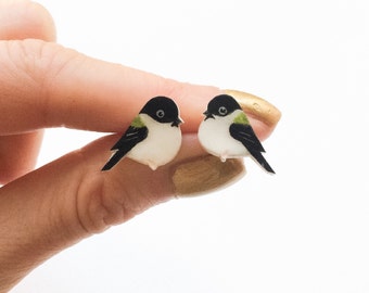 Chickadee Earrings. Hand painted bird earrings.