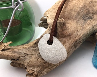Handmade Stone Pebble Pendant Necklace with Adjustable Brown Cord