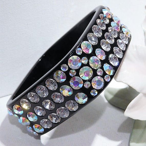 Rhinestone Bangle / Square / Mid Century / Black Lucite / Chunky / Aurora Borealis