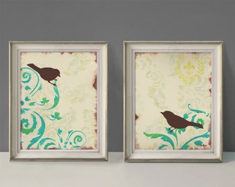 Love Bird Wall Decor Prints, Cottage Chic Shabby, Large Prints, Set of Two, 11 x 14 inches