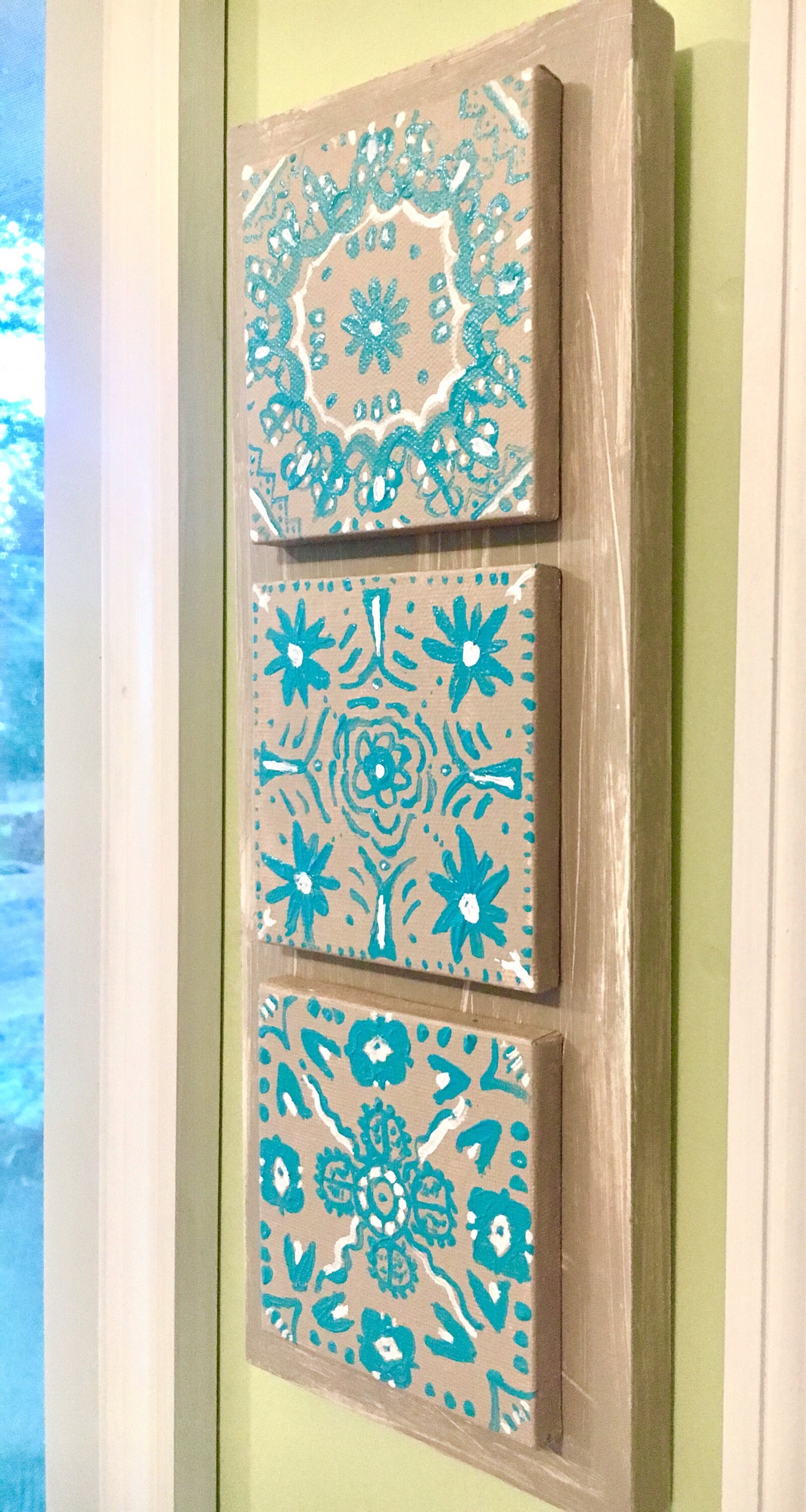 Turquoise mandala wall art on canvas and wood Boho coastal