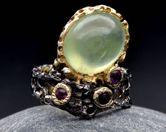 Prehnite & Amethyst Ring 925 Sterling Silver Handmade One Of A Kind
