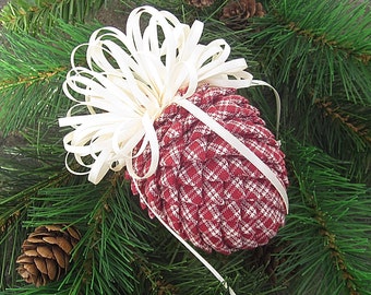 Fabric Pinecone Ornament - Dark Red & Cream Homespun,Cream Satin Bow - Christmas Ornament, Ornament Exchange, Stocking Stuffer