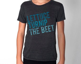 SALE - Lettuce turnip the beet ® OFFICIAL SITE trademark brand - dark grey heathered t shirt with teal distressed logo - youth sizes