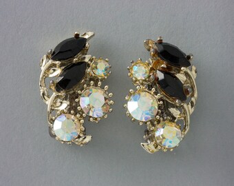 Vintage Aurora Borealis and Jet Earrings