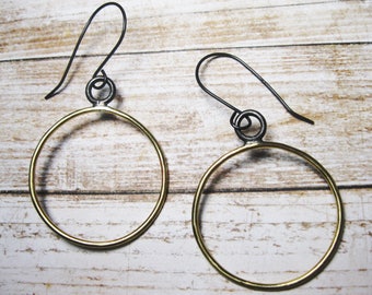 Brass Hoop Earrings - Brass Dangle Earrings - Gift for Her - Sterling Silver Wires - Minimalist Earrings