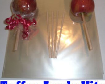25 Wooden Toffee Apple Sticks with Wrappers and Ribbon Kit Bundle Yolli