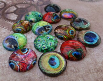 free UK postage - Pack of 15 Peacock Feather Cabochon Mix