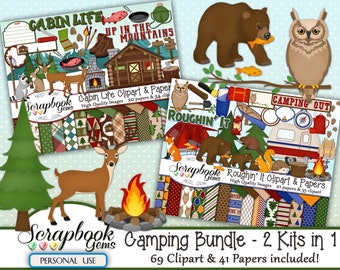 CAMPING BUNDLE - 2 Kits in 1, 69 Cliparts & 41 Papers, Instant Download, hunting, cabin, mountains, nature, outdoors, hiking, woodland, bear
