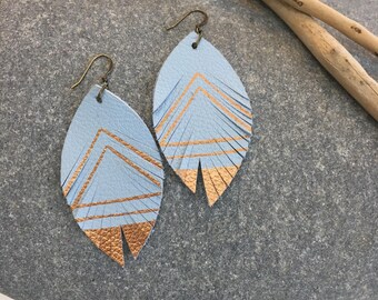 Leather feather metallic earrings in sky blue