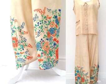 1920s floral raw silk pyjamas Japanese top pants trousers pongee Art Deco antique