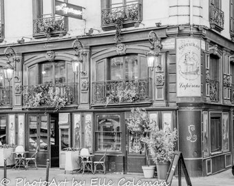 Paris Photography, Paris Print, Paris Decor, Paris restaurant in black and white; located along the Seine
