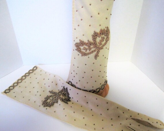 Bronze Beaded Gloves, Long Length, 14 inch finger to wrist, Mid Arm