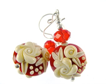 Lampwork Earrings, Glass Bead Earrings, Red Floral Earrings, Ivory Flower Earrings, Glass Bead Jewelry, Beadwork Earrings, Lampwork Jewelry