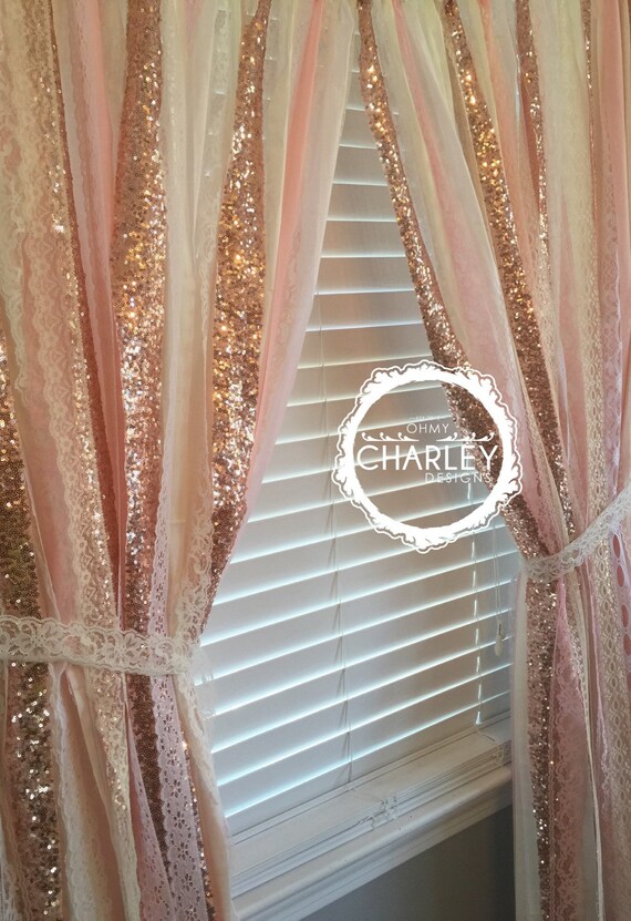 Rose Gold Sparkle Sequin Garland Curtain with Lace Nursery