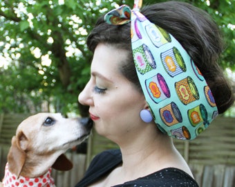 CAT FOOD tins/ Polka dot Head Scarf/ dolly bow/ bandana. 50s housewife inspired, Retro/ Rockabilly/ Vintage