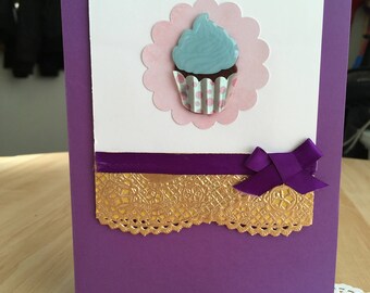 Cute Cupcake Purple & Gold Birthday Card