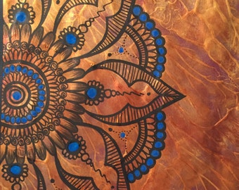 Blue Henna Mandala/tribal/abstract/metallic gold art