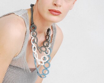 Bib Crochet necklace Fiber necklace Pastel colors necklace Crochet jewelry Dusk blue Cream Olive Fashion jewelry