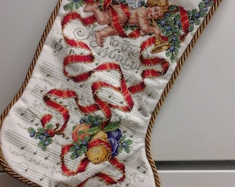 Custom and Personalized Cross Stitched Christmas Stocking of Cherub Entwined in Ribbon with Fruit , Needlepoint , Tapestry , Embroidery