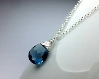Quartz Necklace, Blue Gemstone Necklace Sterling Silver Crystal necklace for women Small Crystal Pendant Gift for Mothers Day Gift for Women
