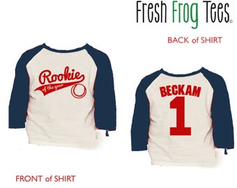 Rookie of the Year Birthday Baseball Shirt - 3/4 or long sleeve relaxed fit raglan baseball shirt - Any age and name - pick your colors!