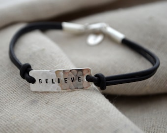 Sterling Believe Bracelet - Hammered Finish - Custom - Personalized