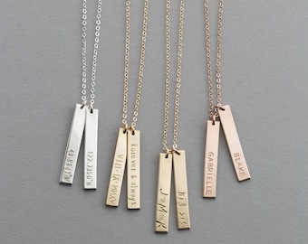 Personalized Vertical Name Bar Necklace • Custom Rose Gold, Silver, Gold Bar Necklace • Engraved Tag Necklace • layeredandlong, LN140_25_V