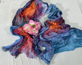 large silk scarf, blue orange scarf, hand painted silk scarf, natural silk scarf woman, long silk scarf, girlfriend scarf, ready to ship