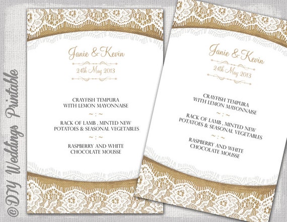 rustic wedding menu template burlap lace wedding