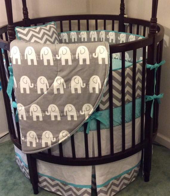 Round Crib Bedding Set Aqua Gray and White Elephants Deposit