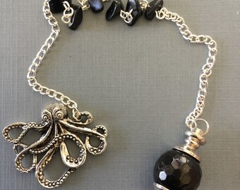 Black Onyx Pendulum with Octopus Steampunk Charm ~ Reiki ~ Chakra ~ Metaphysical