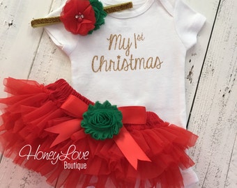 1st Christmas Set GOLD or SILVER bodysuit, red green flower glitter headband bow, tutu skirt bloomers infant baby girl First Santa Outfit