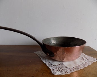 Wonderful French antique, very heavy, tapered copper saute pan, stamped E Dehillerin Paris.