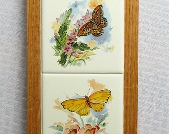 Butterflies, tile wall hanging, wall decor, decorative tile, butterfly, pastel butterfly, tile art, framed art, custom tile, custom frames