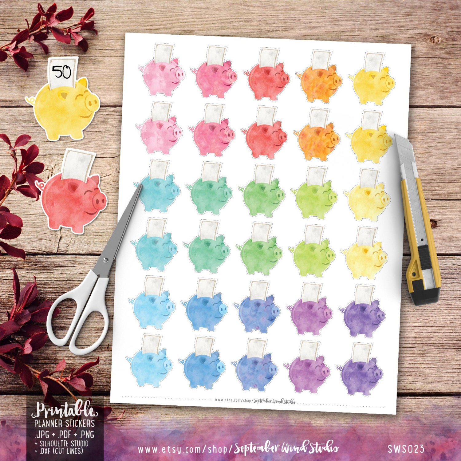 Piggy Bank Saving Printable Planner Stickers Watercolor Piggy