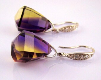 Bolivian Ametrine stone Pave Sterling Silver Earrings. Purple Yellow Ametrine dangles. Ametrine jewelry. Luxury earrings.