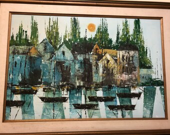 HARBOR OIL PAINTING, Vintage Oil Painting, Mid Century Modern, 43.75" X 31.25", Sunset, Sunrise, Turquoise, Boats, Harbour at Modern Logic