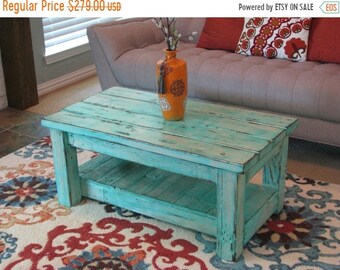 Sale Rustic Coffee Table with Shelf in Muted Aqua **choose from rounded or squared corners**