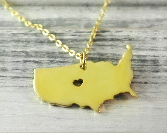 I heart America Necklace America pendant 18K gold plated state necklace state pendant map pendant hammered state necklace map jewelry