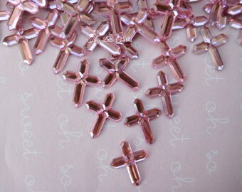 200 pcs PINK Cross Acrylic Rhinestones for Baptism, Christening, Cross Confetti, Embellishments, Crafting, Scrapbooking - 1/2" W, 5/8" H