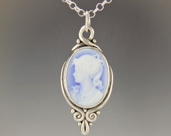 Blue Agate Cameo Necklace/ Silver Cameo Pendant/ Victorian Modern Cameo Necklace/ Sterling Silver Cameo Jewelry/ Modern Cameo Pendant/ P765