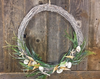 Coastal Wreath with Seashells, Beach Themed, Home Decor