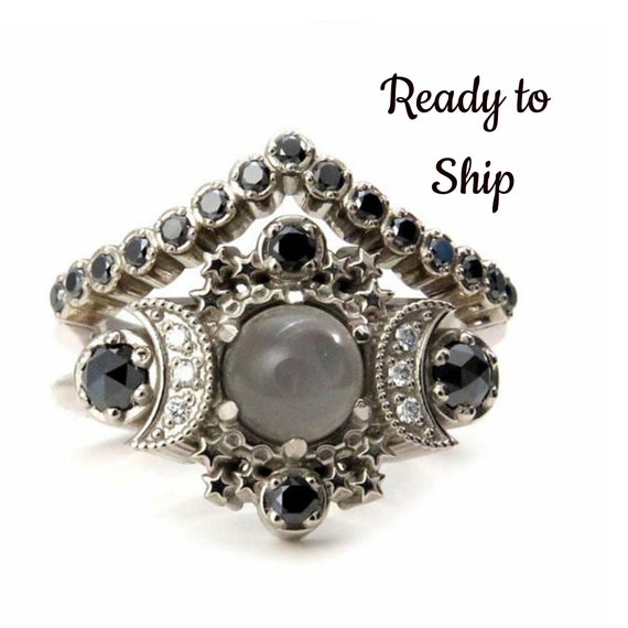 Ready to Ship Size 6 - 8 Selene Gray Moonstone Engagement Ring Set - Cosmos Boho 14k Gold Stacking Rings with Black and White Diamonds