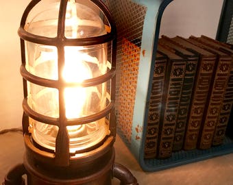 Nautical, vintage, industrial, steampunk, metal birdcage, glass dome desktop lamp