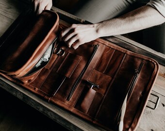 Leather Wash roll Travel toiletry roll by Kruk Garage Dopp kit Hanging wash bag Barber toiletry Travel case Mens gift FREE PERSONALIZATION